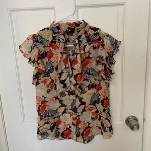 Theory Silk Floral Ruffled Sleeveless Blouse with a Tie Neck